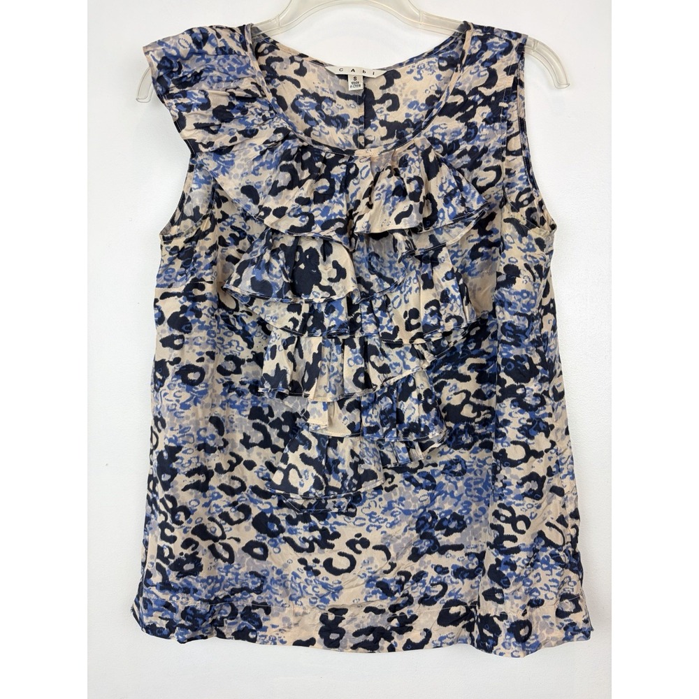CABI 100% Silk Top Womens Small Floral Blue Ivory Ruffle Sleeveless Shirt
